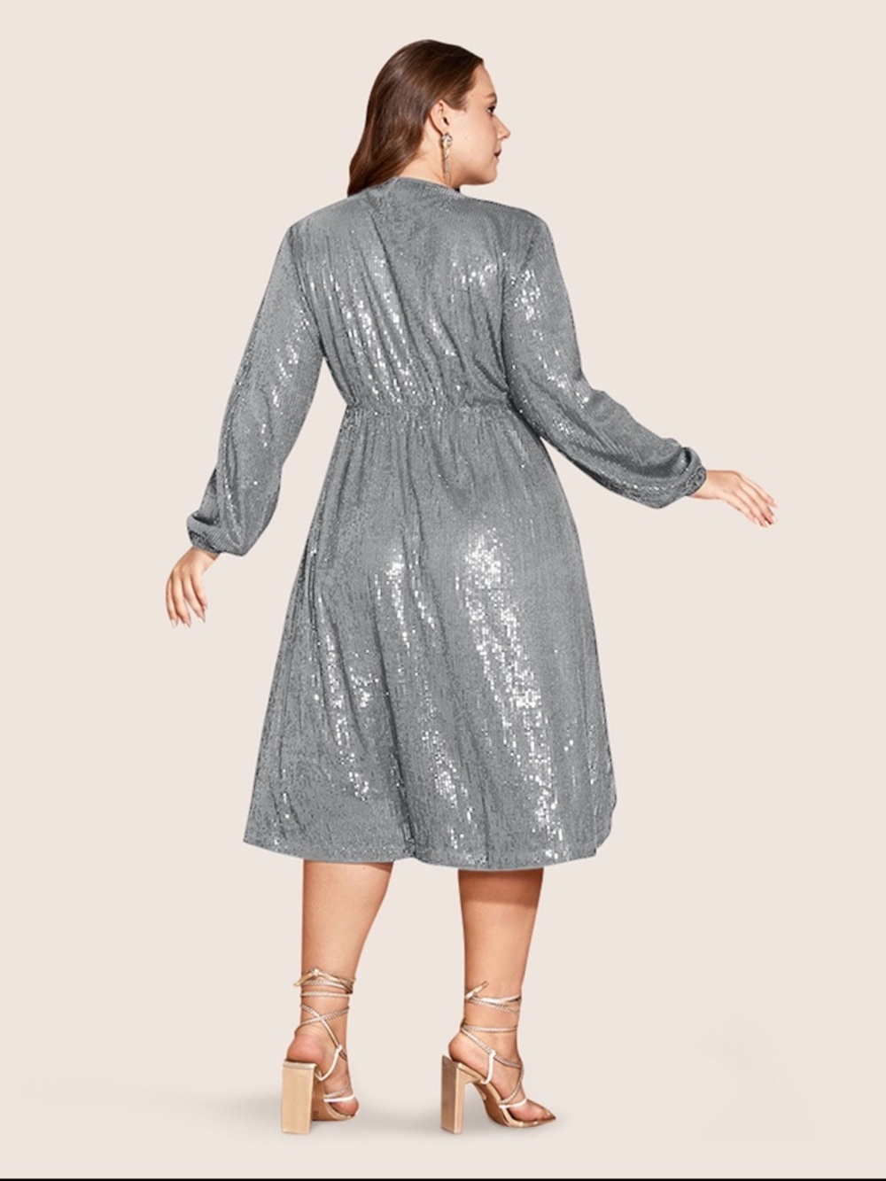 BloomChic Silver Sequin V-Neck Midi Dress with Long Sleeves - Picture 3 of 8